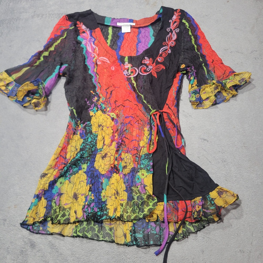 Alberto Makali Tunic Top Women Multi Floral Crinkle‎ Embroidered Wrap Boho Art